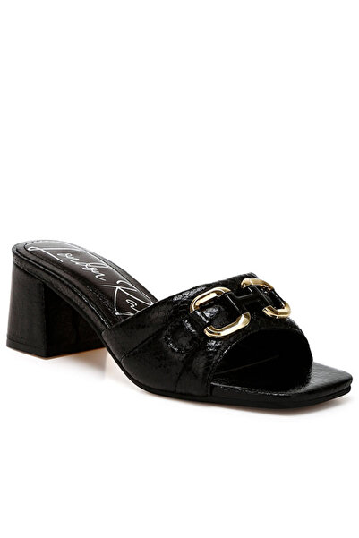 london Rag Women Black Horsebit Detail Snake Print Sandals