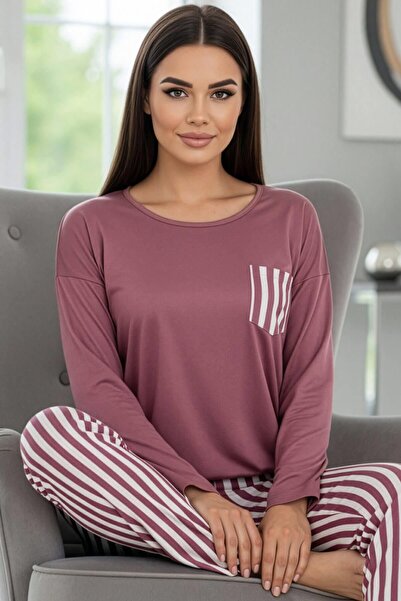 Pijamaevi Pudra Çizgi Desenli Uzun Kollu Bambu Örme Kadın Pijama Takımı