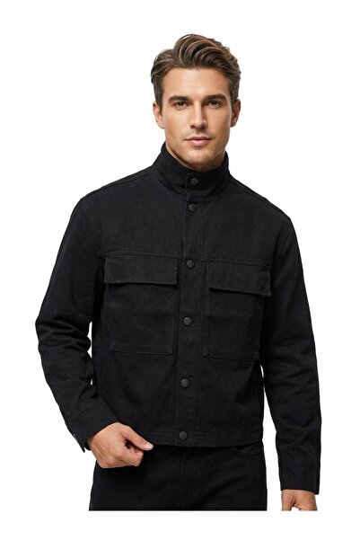 BREEZY Erkek Siyah Regular Fit Fermuarlı ve Çıtçıtlı %100 Pamuk Gabardin Ceket