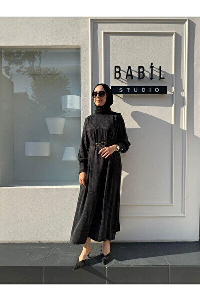 TERZİ DÜKKANI TD4557 Mila Dokulu Şal Detay Kadın Elbise Siyah
