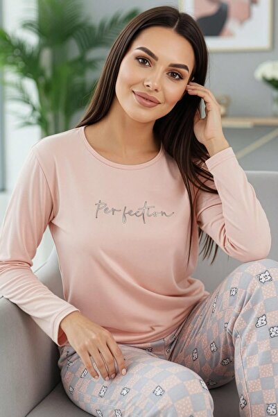 Pijamaevi Salmon Perfection Patterned Long Sleeve Bamboo Knitted Women's Paja...