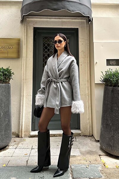 My Loore Women's Gray Melange Sleeves with Fur Details Cashmere Kimono Jacket...