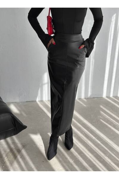 Freya Kadın Arkadan Yırtmaçlı Fermuarlı Cepli Kalem Deri Etek