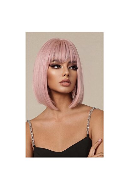 animis beauty Perucă roz deschis, fibră sintetică cu aspect natural, păr drept, cu breton, 36 cm