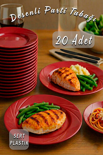 Ezupack 20'li Kırmızı Renk LÜX SERT PLASTİK Parti Doğum Günü Sunum Davet Nişan Söz Akrilik Mika Krist Tabak