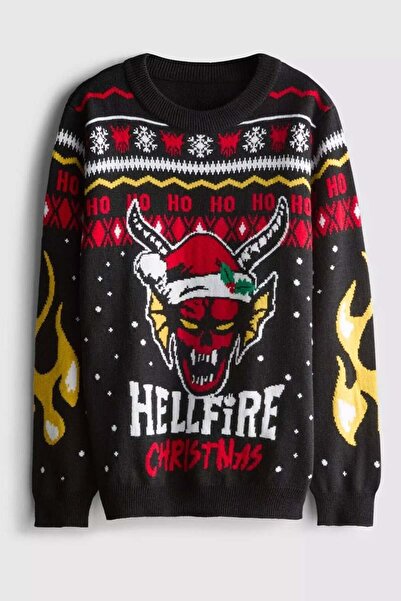 8line Black Stranger Things Hellfire Club Christmas Themed Oversized Unsiex S...