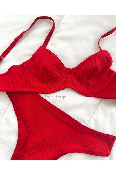 Feruzdesign Dali Kırmızı Pamuklu Balenli Sütyen Takımı
