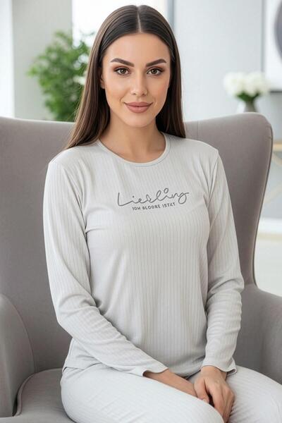 Pijamaevi طقم بيجامة نسائية منسوجة بأكمام طويلة بنمط ليبلينغ باللون الرمادي الفاتح