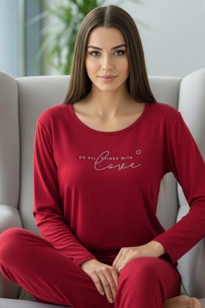 Pijamaevi Burgundy Love Patterned Long Sleeve Dublin Knitted Women's Pajama Set