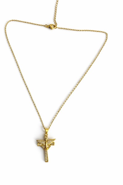 botanica Zirkon Taşlı Melek Kanatlı Haç Kolye – Gold Renk Çelik Kolye