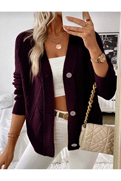 EKİN DEMİR V-Neck Buttoned Diamond Pattern Woven Detailed Long Sleeve Knitwea...