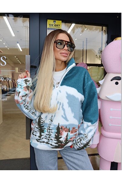 Mzr Collection KADIN KAR DESENLİ PELUŞ CEPLİ SWEATSHİRT