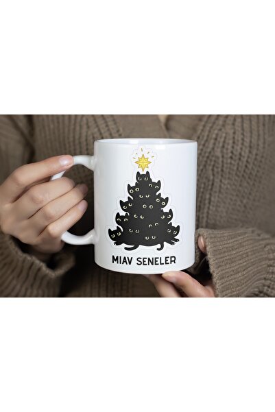 Beramussa Christmas Gift Black Cat Pine Tree Patterned Porcelain Mug with Meow Years Written on It 300ml