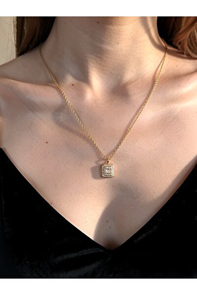 botanica Baget Zirkon Taşlı Kare Gold Çelik Kolye