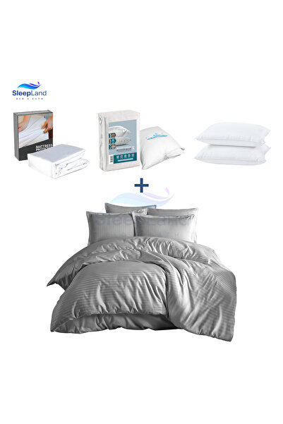 SLEEPLAND بكج مفرش فندقي لون رمادي مع طقم عازل مخدة مع عازل مرتبة مع مخدتين ف...
