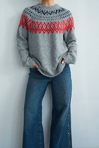 LOOSH Kadın Bisiklet Yaka Desenli Kazak