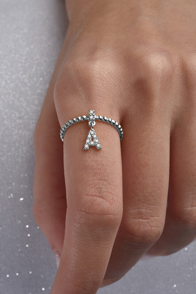 jelux silver Gümüş 925 Ayar Zirkon Taşlı A Harf Ayarlanabilir Yüzük