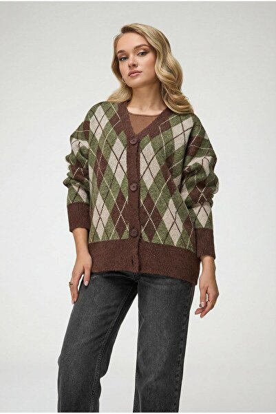 Trendiz Kadın Baklava Desenli Oversize Triko Hırka Haki 6937