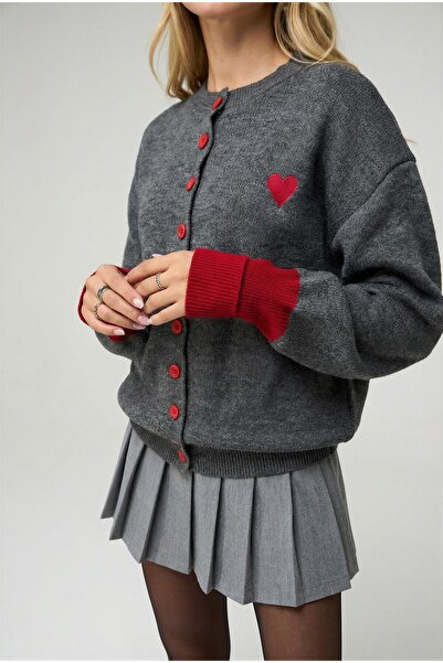 Trendiz Kadın Bordo Kol Detaylı Düğmeli Hırka Kazak Antrasit