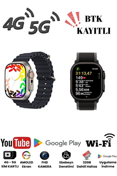 AMAX HK Ultra One 4G/5G Akıllı Saat SIM & GPS AMOLED Ekran 4GB RAM 32GB Kamer...