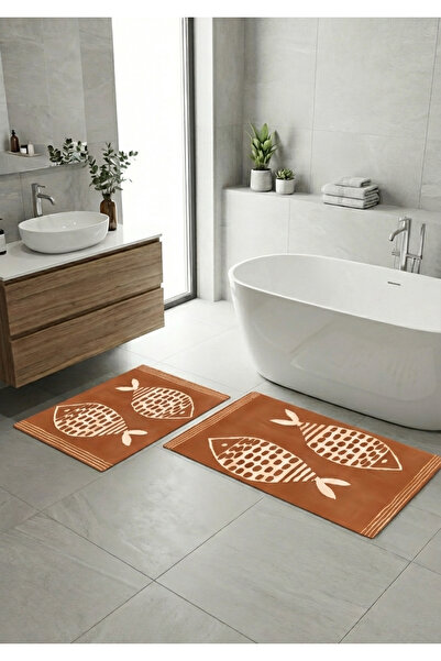 Etnik Dekor Fish Patterned Set of 2 Digital Printing Bath Mats