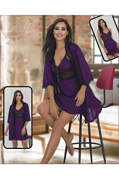 ZAVERA WOMAN Women's Lace Detailed Double Robe Set - 100% Cotton