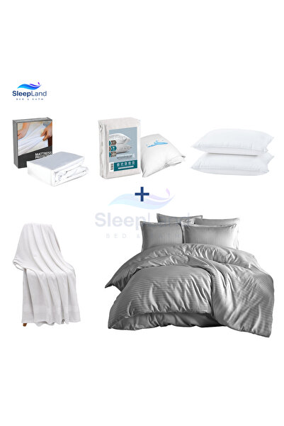 SLEEPLAND بكج مفرش فندقي لون رمادي مع طقم عازل مخدة مع عازل مرتبة مع مخدتين ف...