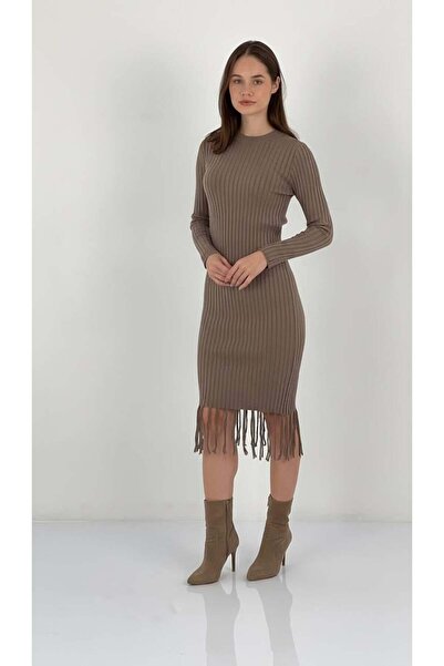 Miss Poem Women's Mink Tassel Detailed Corded Fabric Knitwear Dress