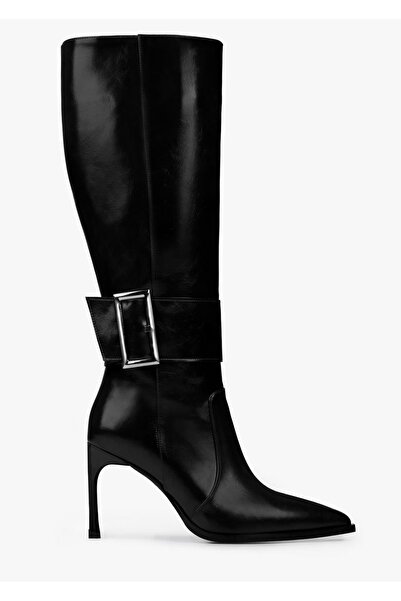 Eataly Shoes Vera Siyah Cilt Tokalı Topuklu Çizme