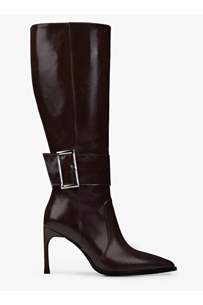 Eataly Shoes Vera Acıkahve Cilt Tokalı Topuklu Çizme