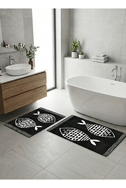 Etnik Dekor Fish Patterned Set of 2 Digital Printing Bath Mats