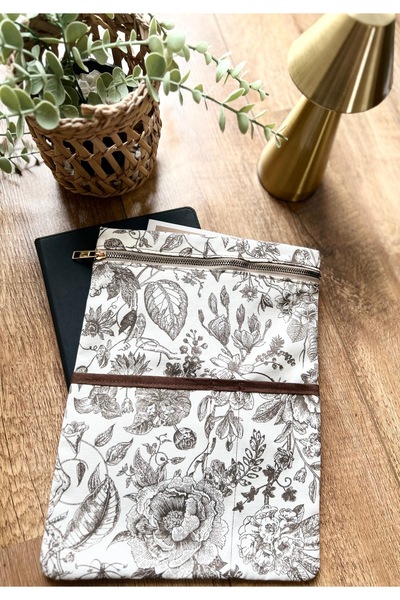 runa Fermuarlı kahverengi detaylı duck keten kitap&tablet kılıfı