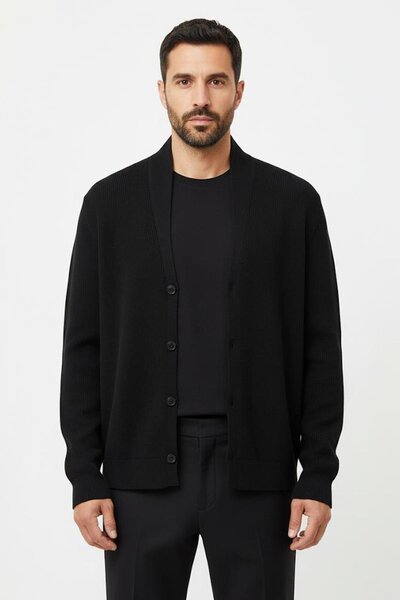 Sabri Özel Siyah Regular Fit Triko Şal Yaka Hırka