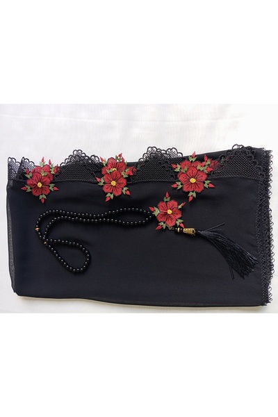 NUMİSTORE İğne oyası siyah renk Tesbihli Namaz Örtüsü