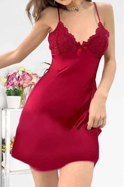 Bluewhs Women's Red Satin Sexy Stylish See-Through Lace Low-Cut Nightgown