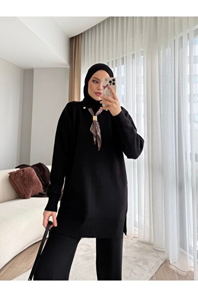 asyadabutik Women's Accessory Scarf Detailed Trendy Knitwear Two-Piece Set