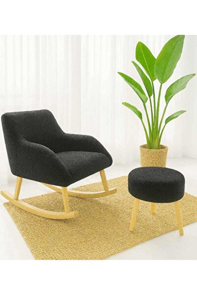 Yuems home Sallanan Ahşap Ayaklı Siyah Renk Berjer Koltuk-Puf Hediyeli