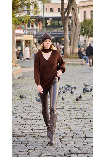 sumoda سترة نسائية محبوكة بياقة أمامية على شكل حرف V ياقة مرتفعة متوسطة الطول وأكمام بالون فضفاضة