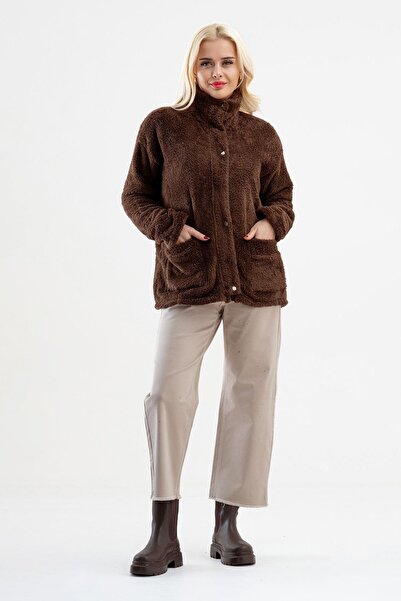 Bold & Young معطف نسائي بني اللون من ويلسوفت بليش ياقة مرتفعة متوسطة الطول مع جيوب