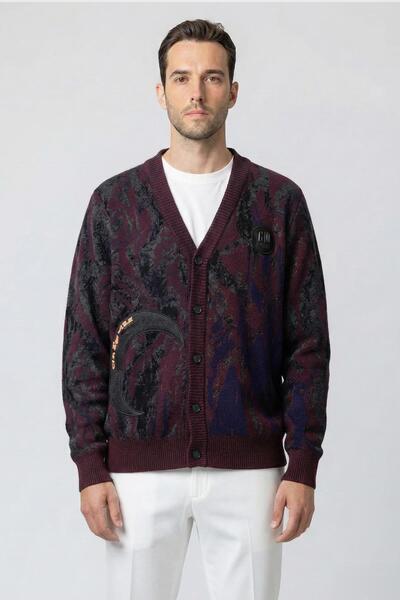 Sabri Özel Bordo Regular Fit Desenli Yünlü Hırka