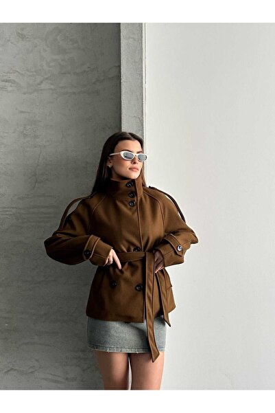 asyadabutik Γυναικείο παλτό ψηλός λαιμός με κοντό επένδυση και καστανόχρωμο π...