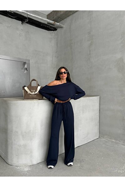 D'RECCY Women Asymmetric Boat Neck Long Sleeve Blouse High Waist Pants Suit