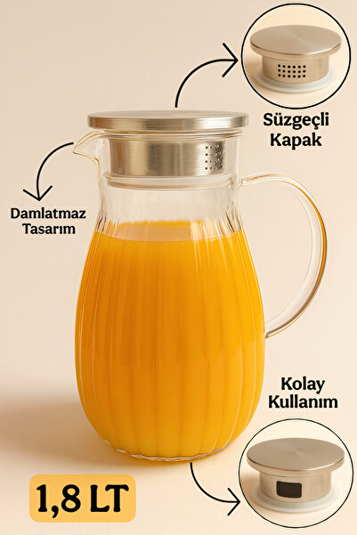 Funny Life Borosilikat Süzgeçli Cam Sürahi Detoks Sürahi 1800 ml (1.8 LT)