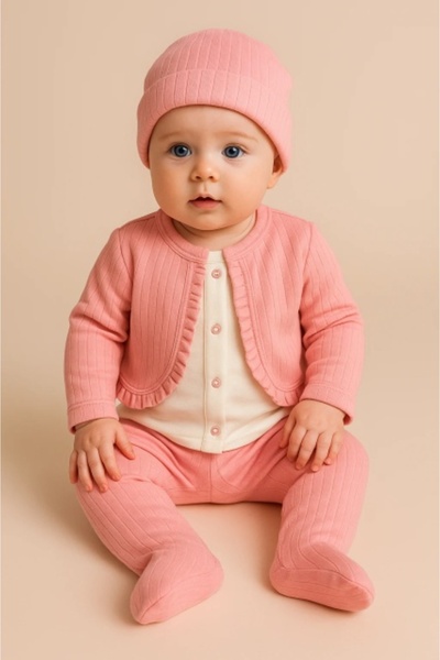 Bebelul Set Fetite 3 Piese Roz, Bluza cu Bolero Cusut, Pantaloni si Caciulita...