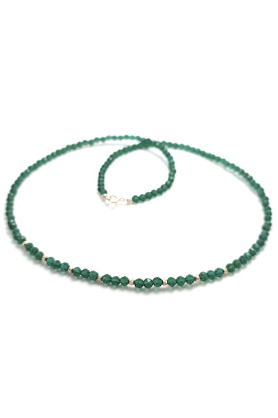Bijolin Gold Necklace with round emerald green crystals and 2mm 14k gold beads