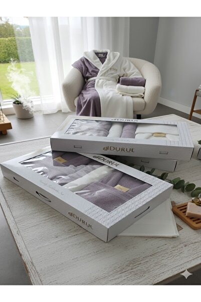 Durul Lüks Pamuklu Aile Bornoz Seti Çeyizlik Banyo İçin Sabunlu Bornoz Havlu Seti 8 Parça