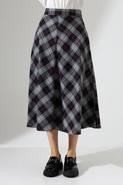 Hisleria Zippered High Waist Pocketed Checkered Flared Midi Skirt - Gray