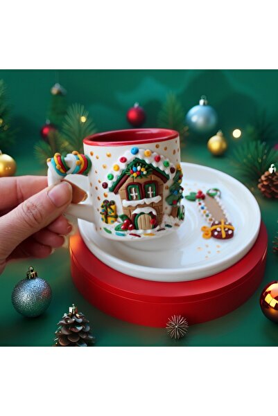 MAKARON SANAT Yeni Yıl Kış Evleri 3D Kabartma Kahve Fincanı (İsim yazılabilir)