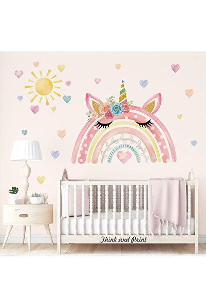 Think And Print Unicorn Gökkuşağı Duvar Sticker Seti | Watercolor Çocuk & Bebek Odası Duvar Süsü Çıkartması