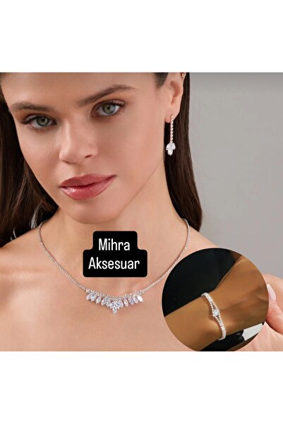 Mihra Aksesuar Necklace Earrings Bracelet Triple Set with Crystal Stones